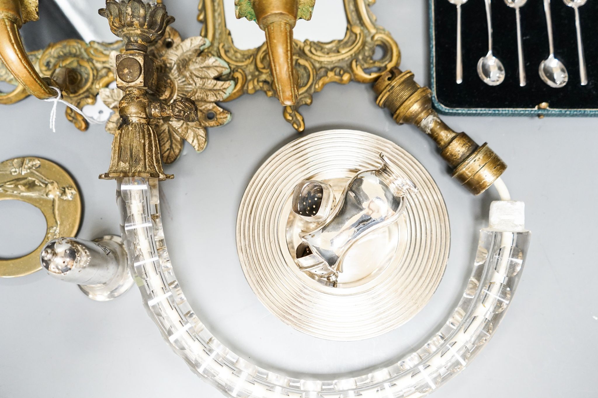 A pair of silver cruets and boxed spoons, various plate and a pair of wall mirrors and a glass wall light